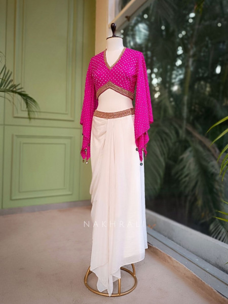 Verin Pink Ivory Crop Top and Skirt Set with Embroidered Work