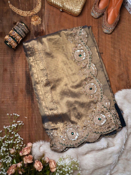 Devyani Teal Blue Tissue Silk Saree with Zari and Zardozi Work