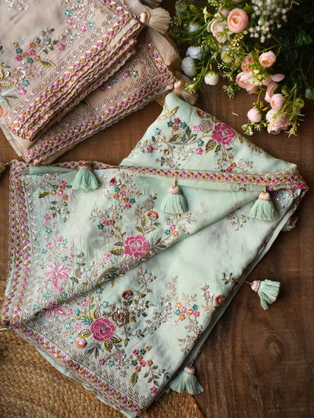 Whispers of Spring Sea Green Saree with Heavy Floral Thread Work and Readymade Blouse