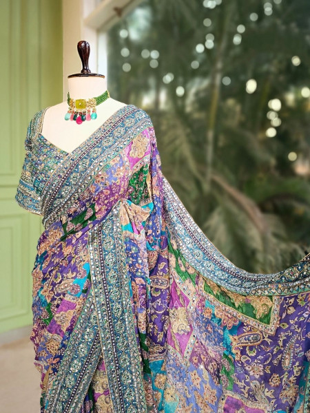 Tamaswini Blue Saree with Stone, Zari & Sequin Work