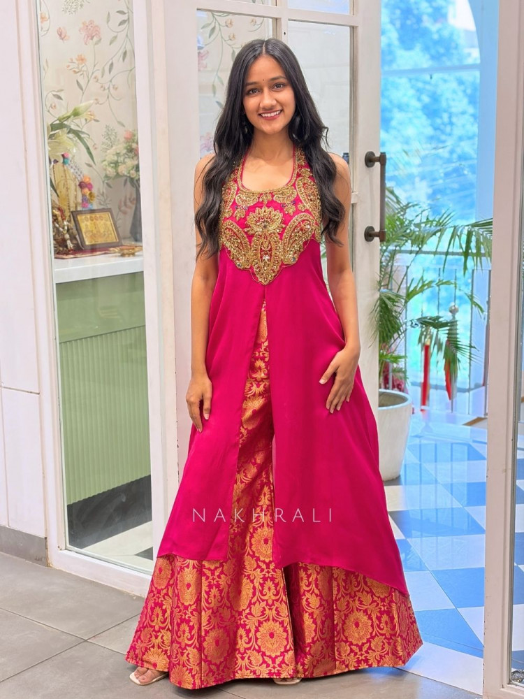 Image of Sutra-Lekha Magenta Indo Western Palazzo Set With Embellished Yoke