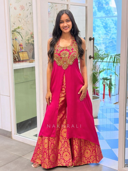 Sutra-Lekha Magenta Indo Western Palazzo Set With Embellished Yoke