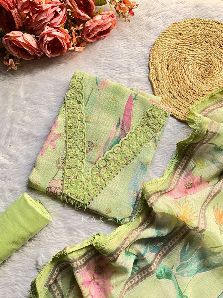 Image of Alya Green Printed Dress Material