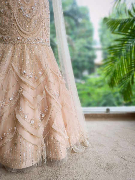 Elivra Beige Net Indo-Western Lehenga with Beads & Sequin Work