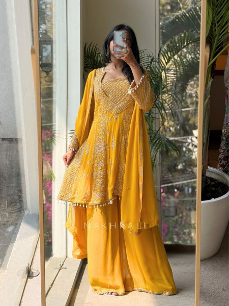 Zyara Yellow Suit Set with Cut Dana and Zari Work