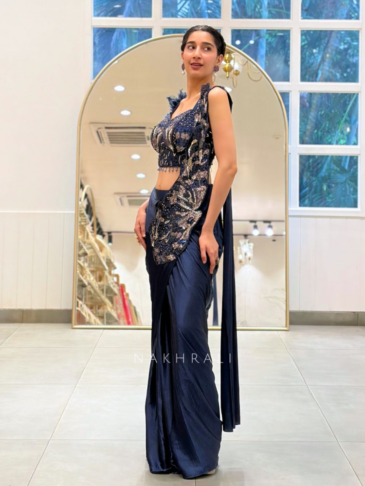 Image of Aero Blue Drape Saree With 3D Cutdana &amp; Sequin Work