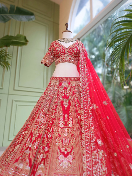 Vermillion Red Silk Velvet Bridal Lehenga With Zardozi, Dabka & Doli Motif Work