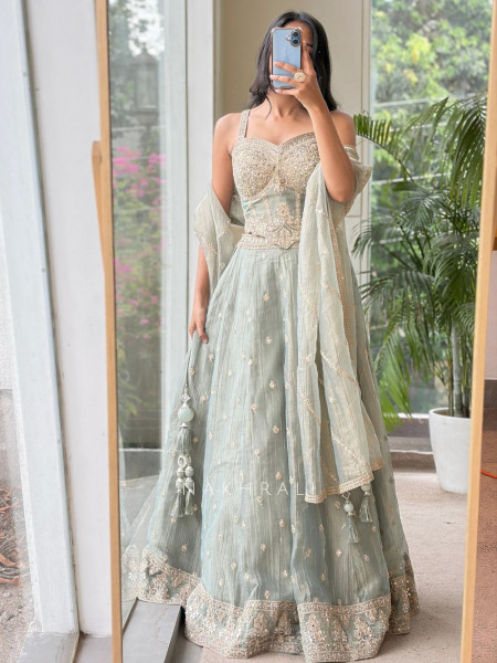 Zuri Sea Green Embroidered Indo Western Lehenga Set