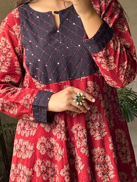 Adaa Cotton Red Block Printed Kurta with Handwork Yoke