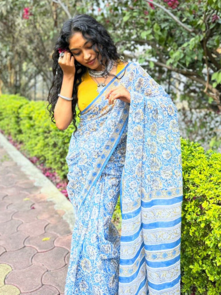 Koshika Blue Kota Handblock Print Saree