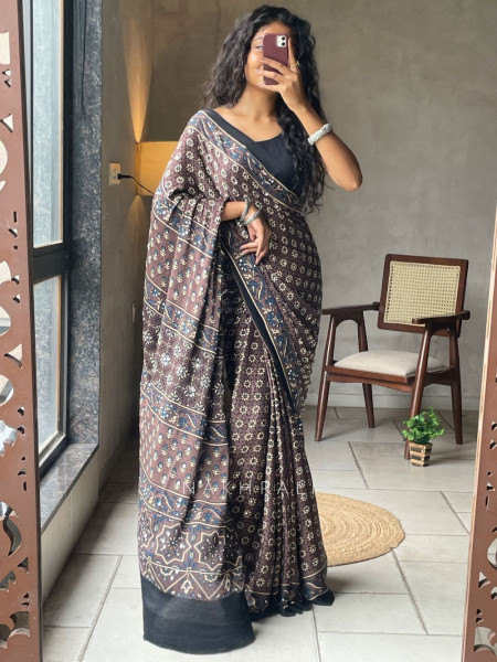 Mrittika Brown Modal Silk Saree With Ajrakh Print