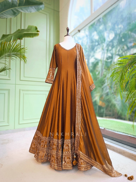 Yashvika Brown Raw Silk  Anarkali Suit Set