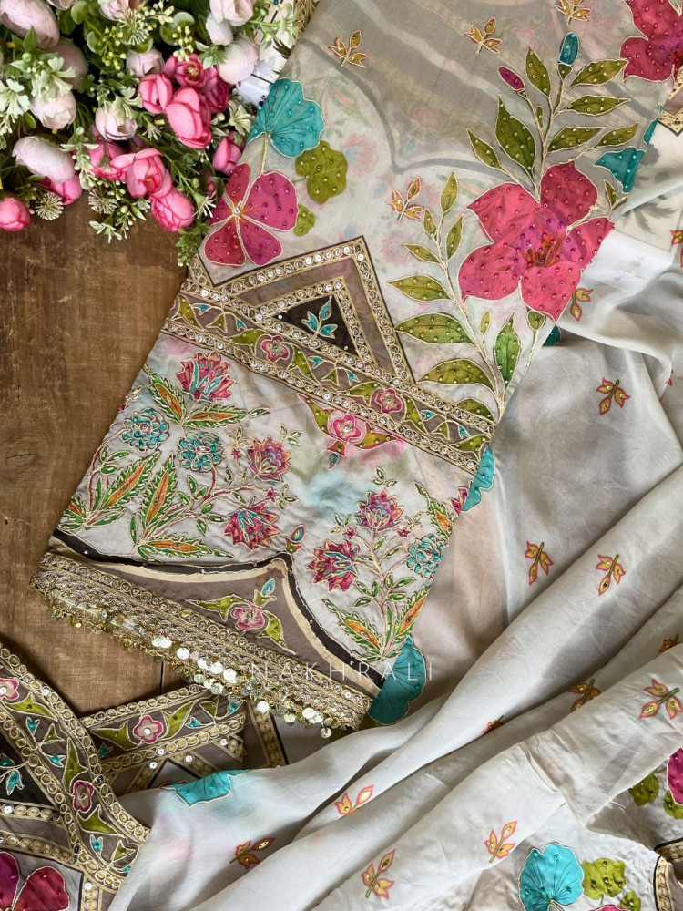 Image of Gulrani Grey Embroidered Dress Material with Floral Geometric Work