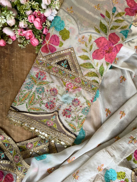 Gulrani Grey Embroidered Dress Material with Floral Geometric Work