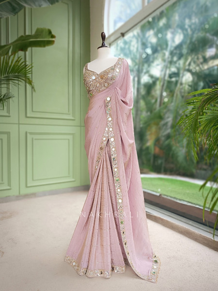 Mrinmayi Dusty Rose Crushed Georgette Saree with Readymade Blouse