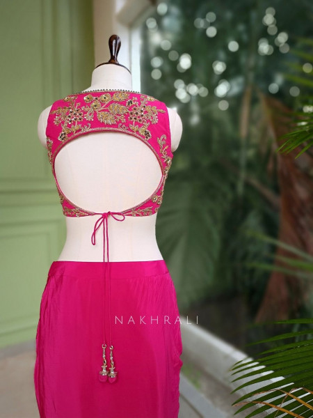 Fuchsia Magenta Pre-Drape Saree with Sequin, Beads, and Cut Dana Work