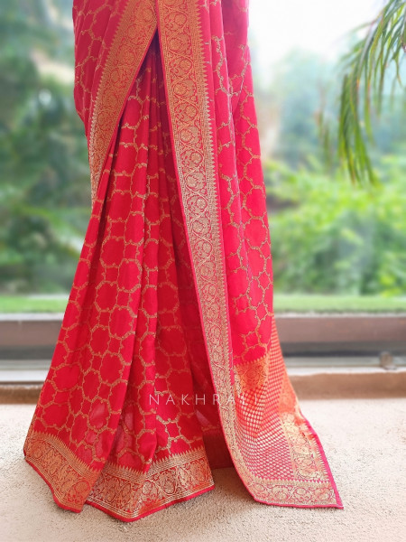 Ridhima Coral Khaddi Georgette Zari Jaal Saree