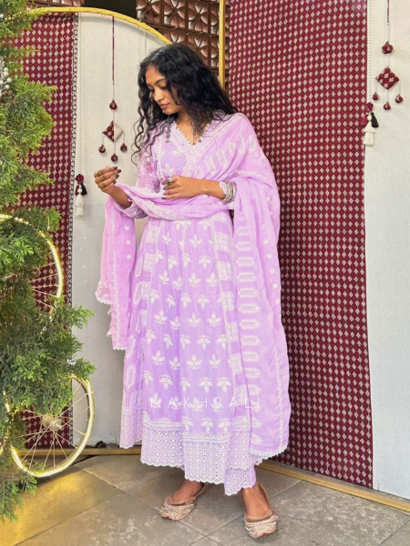 Evara Purple Lucknowi Anarkali Kurta Suit Set