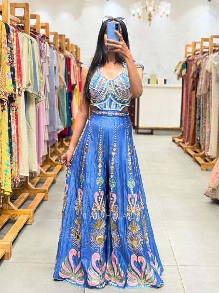 Nymera Teal Blue Embellished Jumpsuit with Mirror Bead Work