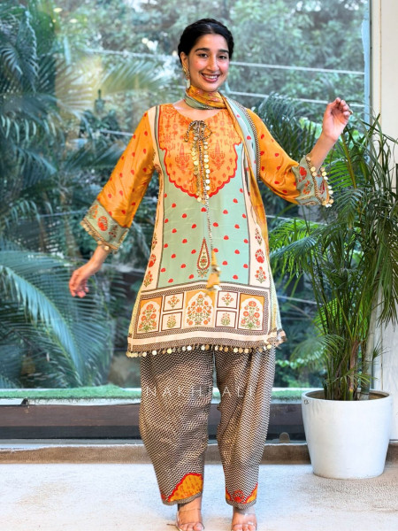 Jharokha Mustard Modal Satin Silk Suit Set