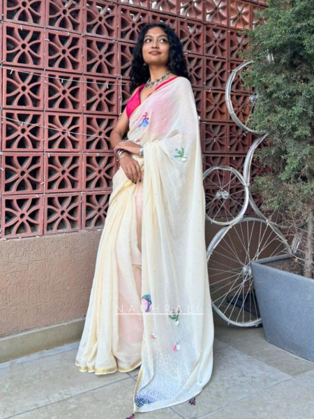 Valakshah Cream Mull Cotton Saree with Thread Embroidery
