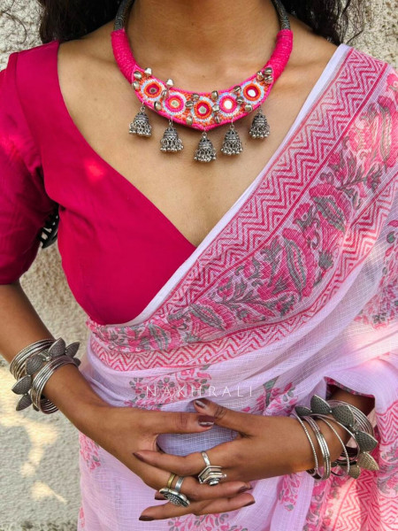Zorina Magenta Thread Necklace Set with Jhumka Earrings