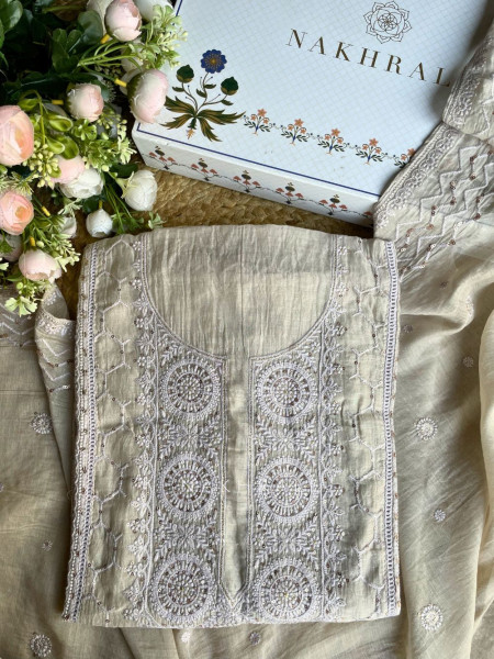 Ishira Grey Embroidered Cotton Dress Material Set