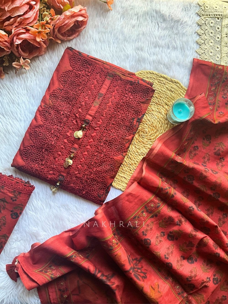 Image of Tarang Maroon Floral Embroidered Dress Material Set