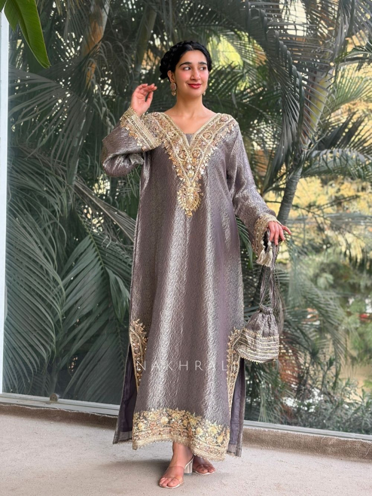 Image of Kyra Grey Straight Dress with Mirror Zari Work