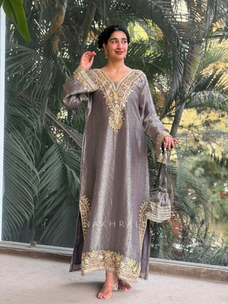 Kyra Grey Straight Dress with Mirror Zari Work