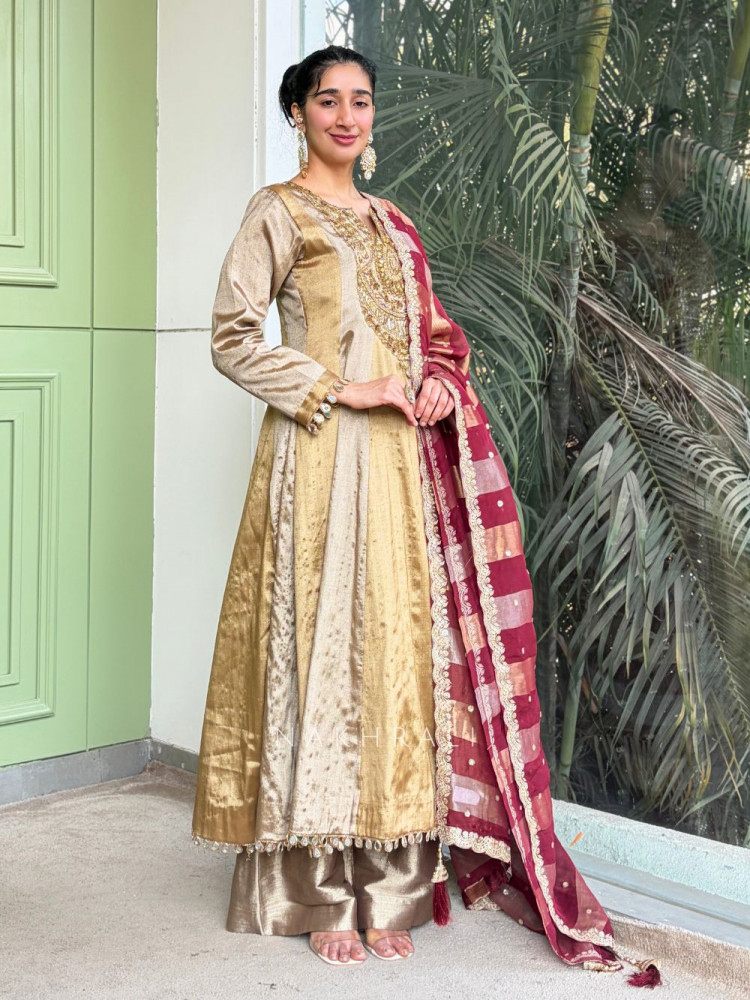 Image of Nazneen Maroon Anarkali Suit Set with Contrast Dupatta