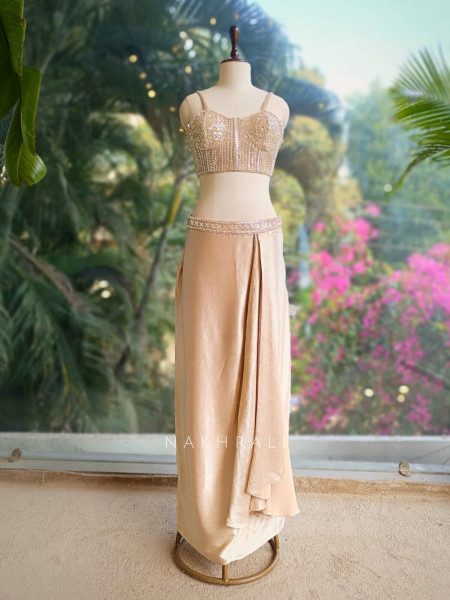 Roséveil Beige Corset Skirt Set with Sequin Work and Cape Shrug