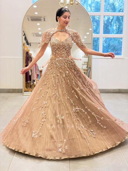 Suede Blossom Brown Soft Net Evening Gown