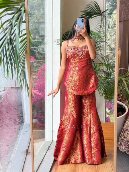 Afsana Maroon Brocade Palazzo Kurta Set with Zari Bead Work