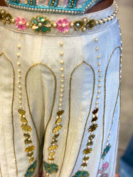 Nymera White Embellished Jumpsuit with Mirror Bead Work