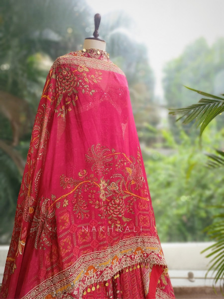 Hoor Red Anarkali Dupatta Set with Mirror & Sequin Work