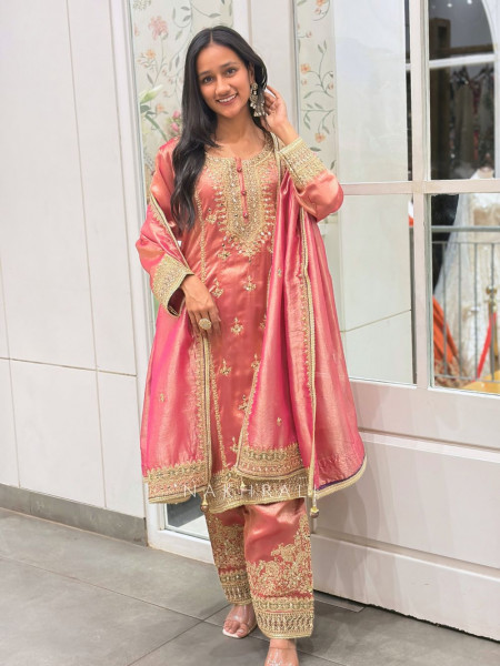 Triveni Pink Zari Tissue Suit Set with Gota Patti Sequin Work