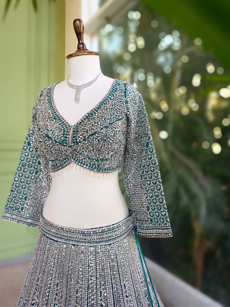 Rivarka Rama Green Mirror and Bead Embroidered Bridal Lehenga