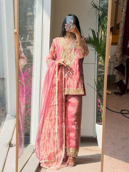 Briona Peach Tissue Kurta Set with Heavy Hand Embroidery