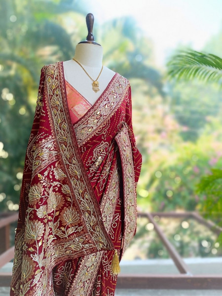 Rivaya Maroon Bandhej Saree With Runing Blouse