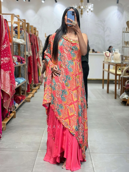 Kaleidoscope Magenta One-Shoulder Indo-Western Set