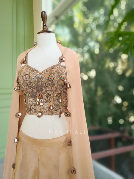 Zelvara Beige Embellished Corset & Palazzo Set with Dupatta