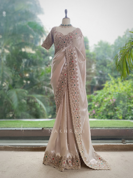 Rajvika Beige Metallic Tissue Silk Saree with Readymade Blouse
