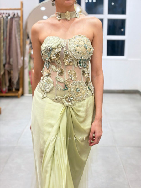Celadon Pista Green Net & Satin-Silk Blend Indo-Western Crop Top Skirt Set