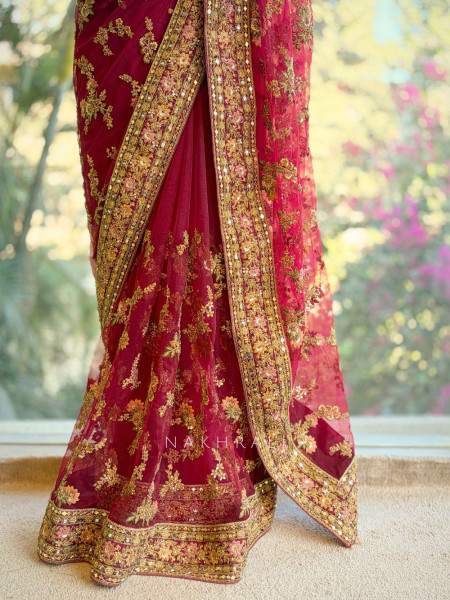 Yuvika Maroon Net Saree with Embroidery Work