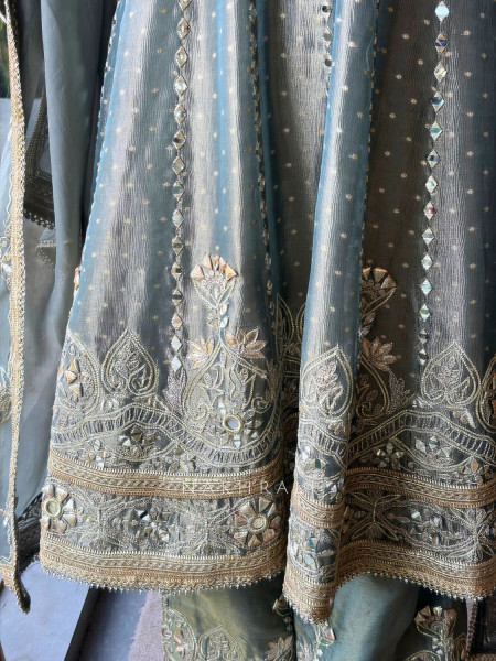 Sylvara Grey Tissue Suit Set with Mirror and Gota Patti Work