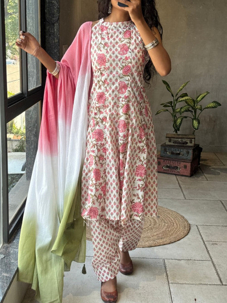 Gulnaar Cream Rayon Cotton Anarkali Suit Set with Floral Print