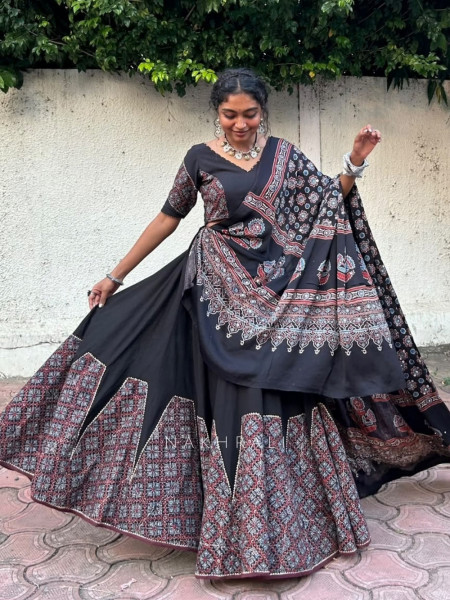 kalindi black Pure Cotton Chaniya Choli Ajrakh Kalamkari Patchwork & Gota Detail