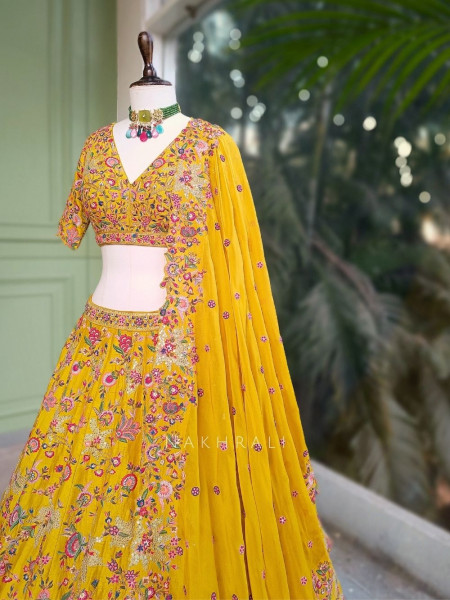 Kesar Yellow Floral Embroidered Lehenga Set