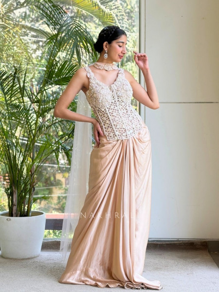 Rishika Cream Corset Style Indo Western Set with Choker Dupatta